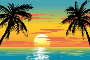 Fototapeta na wymiar Vector illustration of sunset on a paradise beach with palm trees. View of a beautiful ocean with blue waters, waves and reflections, silhouettes of palm trees and a stunning warm sunset.