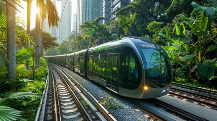 A train is traveling down a track through a jungle. The train is surrounded by trees and plants, giving the impression of a natural environment. The train is moving quickly