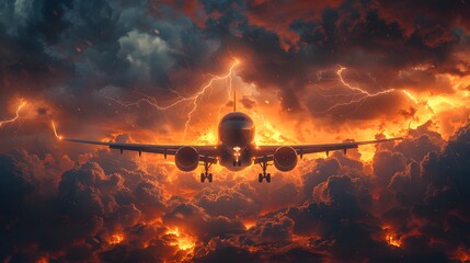 An airplane defies the wrath of a thunderstorm, its wings outstretched like a valiant warrior...
