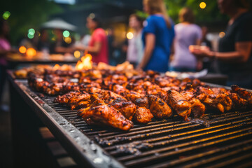 Grilled chicken thighs arranged on a platter, ideal for large gatherings and bbq events. The juicy, succulent meat is seasoned to perfection and ready to be enjoyed by guests.