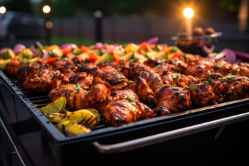 Delicious grilled chicken thighs with flavorful seasoning and charred marks on bbq grill - obrazy, fototapety, plakaty