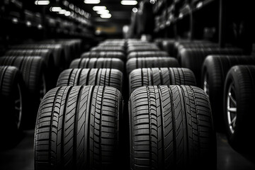 A spacious distribution center is filled with an abundant supply of fresh car tires, neatly organized and ready for distribution, highlighting the tire industry's efficiency and productivity. - obrazy, fototapety, plakaty