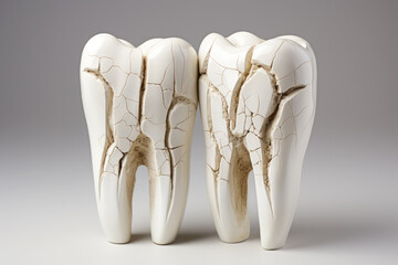 Detailed close-up view of damaged tooth enamel with two models showcasing cracked teeth. The enamel damage is clearly visible and serves as a warning about dental health and tooth care.