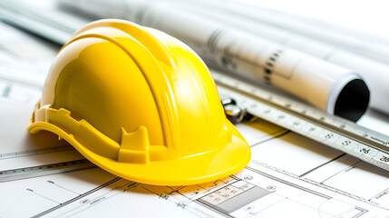 hard hat with blueprints and rulers on white