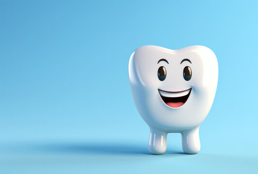 Cheerful cartoon tooth character with bright smile on blue background with copy space. Perfect for dental health concepts and promoting dental health.
