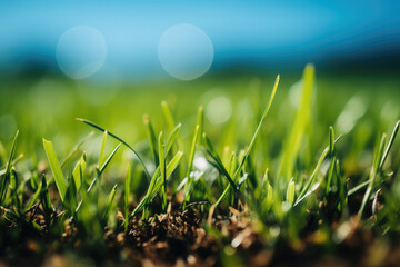 A close-up of vibrant green grass stems breaking free in a lush natural setting, bathed in warm sunlight. The image captures the beauty and freshness of nature, with a focus on growth and renewal. - obrazy, fototapety, plakaty