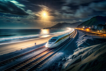 night scene of bullet train overtaking, dynamic motion effect, editorial photography, background Beach view