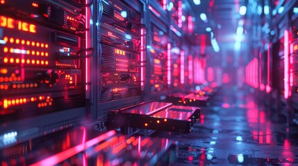 A computer server room with neon lights and a neon sign that says "ICE". The room is filled with servers and computer equipment