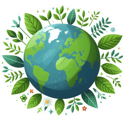 Earth with leaves, isolated on a white background, flat vector illustration, Earth Day