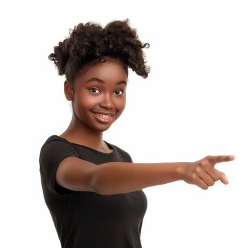 young afro american woman pointing finger a direction in isolated 3d cutout