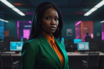 Young businesswoman in the office. Neon style