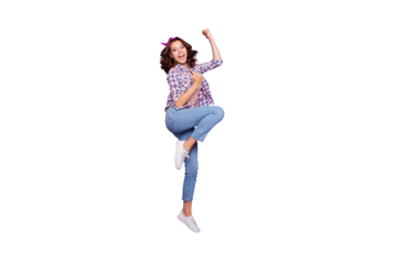 Full length size dreamy charming cheerful leisure lifestyle lady with her trendy wave hairstyle she jump isolated violet purple background hold fists up wear in headband checkered shirt denim jeans