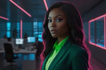 Young businesswoman in the office. Neon style