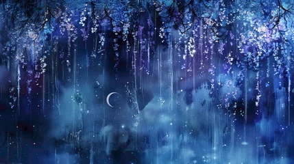 Fotobehang A cascade of silver moonlight, casting ethereal shadows agnst a backdrop of midnight blues and purples, creating an atmosphere of magic and mystery. © Hamza