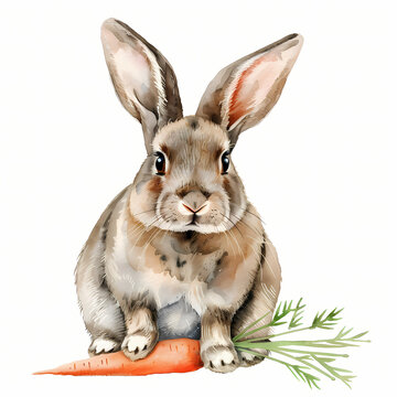 Watercolor Bunny with carrot realist clipart on white background