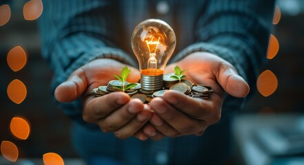 A person is holding a light bulb and coins in their hand. Concept of wealth and prosperity, as the light bulb represents the potential for growth