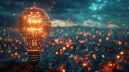 A light bulb is lit up in a cityscape with a blurry background. The light bulb is the main focus of the image, and it creates a sense of warmth and brightness in the otherwise dark - obrazy, fototapety, plakaty