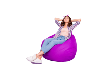 Full size portrait of calm charming lovely cute sweet gorgeous lady with her hairstyle she look on top hold hand behind head sit isolated on shine violet background