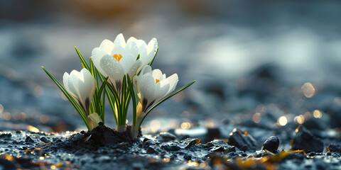 Closeup of early white crocus flowers emerging from the thawing ground, fresh floral scene in spring nature.