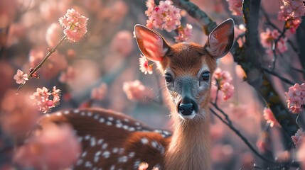 deer against the background of cherry blossoms in nature, wild animal, blooming spring garden