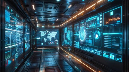 A futuristic room with many screens displaying various information. The room is filled with neon lights and the screens are all lit up. Scene is one of excitement and anticipation