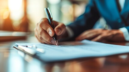 A man is writing with a pen on a piece of paper. Concept of professionalism and focus, as the man is likely writing an important document or note
