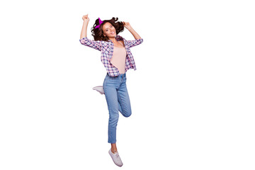 Full length size portrait of beautiful attractive pretty dreamy charming lady in style checkered shirt with her hairstyle she raised hands up in action movement isolated on vivid violet background