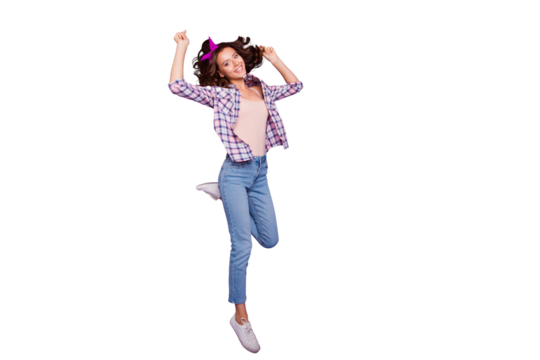 Full length size portrait of beautiful attractive pretty dreamy charming lady in style checkered shirt with her hairstyle she raised hands up in action movement isolated on vivid violet background