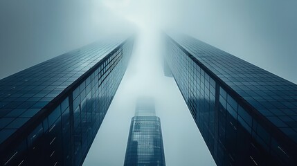 Fototapeta na wymiar Two tall buildings with a foggy sky in the background. The buildings are made of glass and are very tall. The foggy sky gives the image a moody and mysterious feeling