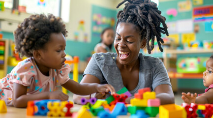 Black woman teacher laughing and playing with little children in a kindergarten, using colourful toys and blocks, develpoing creativity and intelligence.