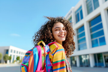 Cheerful 10 year old girl with colourful backpack on the way to school, looking at camera over the shoulder and smiling.