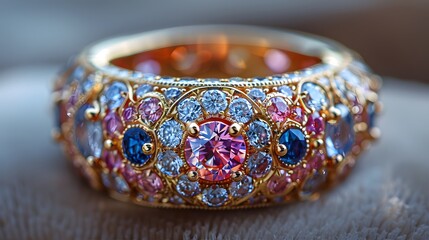 A luxurious ring adorned with an array of exquisite gems takes center stage, its opulent beauty transcending the confines of mere ornamentation.  - obrazy, fototapety, plakaty