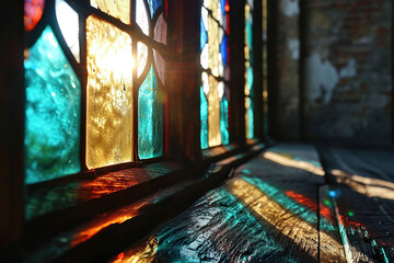 Light passes through stained glass. Vintage background. Generated by artificial intelligence - obrazy, fototapety, plakaty