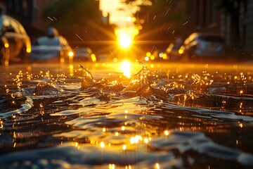 The Sun Sets Over a Water Puddle - obrazy, fototapety, plakaty
