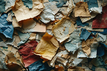 A pile of old paper scraps. Aged notes. Abstract background. Collection and recycling of waste paper. Generated by artificial intelligence