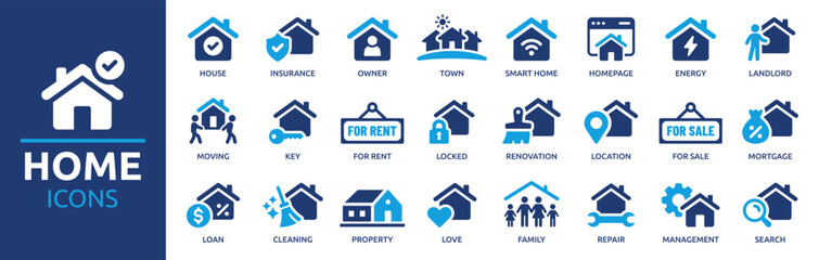 Home icon set. Containing house, property, loan, town, landlord, insurance, location, mortgage, for sale and more. Solid vector icons collection. - obrazy, fototapety, plakaty