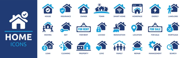 Foto auf Acrylglas Home icon set. Containing house, property, loan, town, landlord, insurance, location, mortgage, for sale and more. Solid vector icons collection. © Icons-Studio