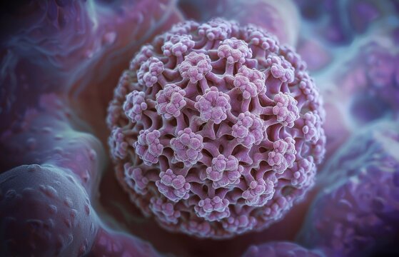 Human papillomavirus (HPV), magnified under a powerful electron microscope. The surrounding details include microscopic cells of the body, among which the virus is spreading. 