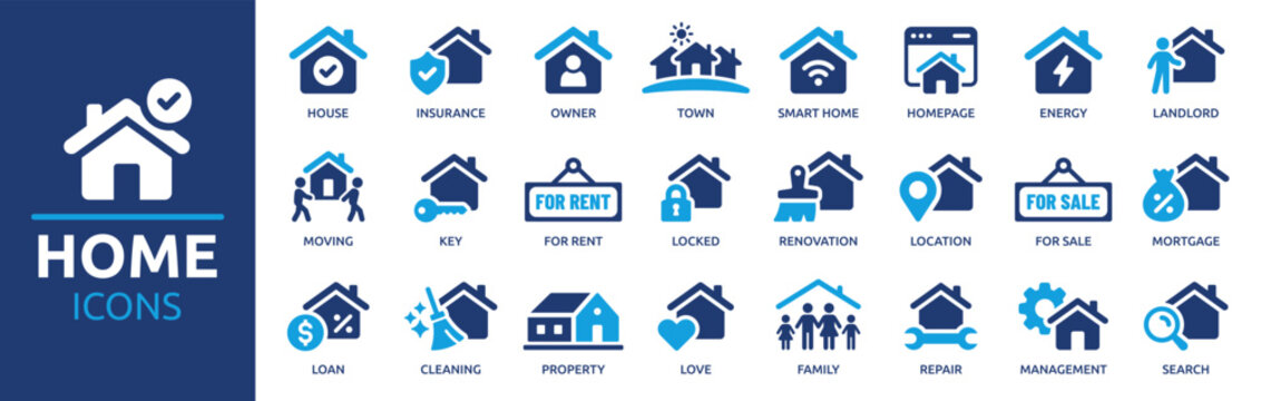 Fototapeta Home icon set. Containing house, property, loan, town, landlord, insurance, location, mortgage, for sale and more. Solid vector icons collection.