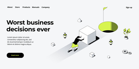 Making bad business decision. Vector illustration in isometric design. Mismatch strategy and corporate goal concept with strong businesswoman pushing load. Web banner layout.