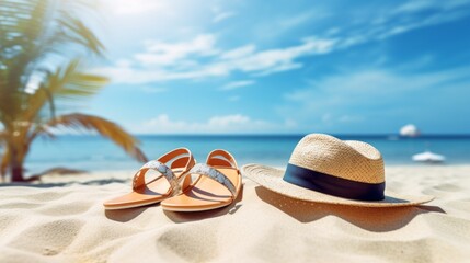 A pair of sandals and a straw hat are on the beach - obrazy, fototapety, plakaty