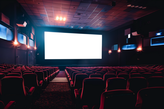 Empty cinema hall with red chairs and transparent screen	
 - Powered by Adobe