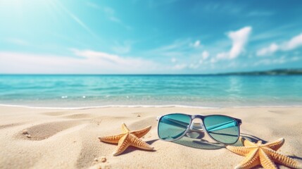 A pair of sunglasses and two starfish are on a beach - obrazy, fototapety, plakaty