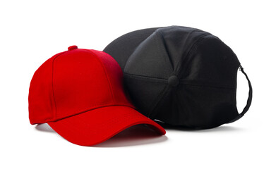 Black and Red Baseball Caps on White Background