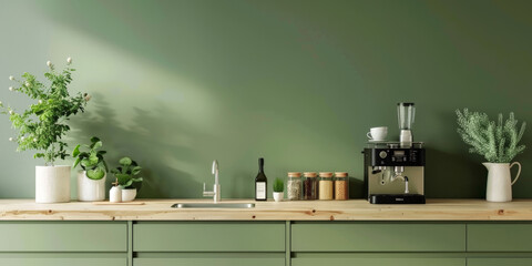 minimalist kitchen with dark green cabinets and light wood accents, Scandinavian  interior gren kitchen,  - obrazy, fototapety, plakaty