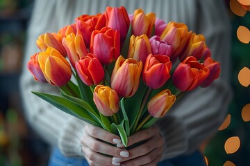 Person Holding a Bouquet of Colorful Tulips