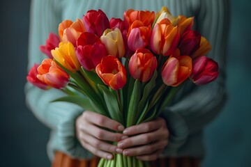 Person Holding Colorful Tulip Bouquet
