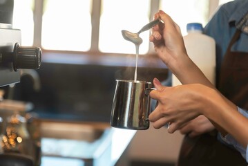 Fototapeta na wymiar woman barista making a coffee