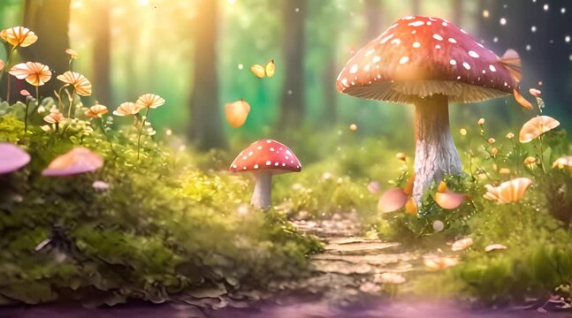 Fantasy Nature Landscape with Mushroom and Butterfly Animated Background in Japanese Anime Watercolor Painting Illustration Style.