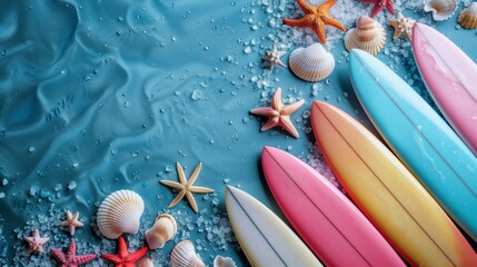 Summer surfboards activity seashell colorful background, 3D low poligon, topview composition Generative AI - obrazy, fototapety, plakaty